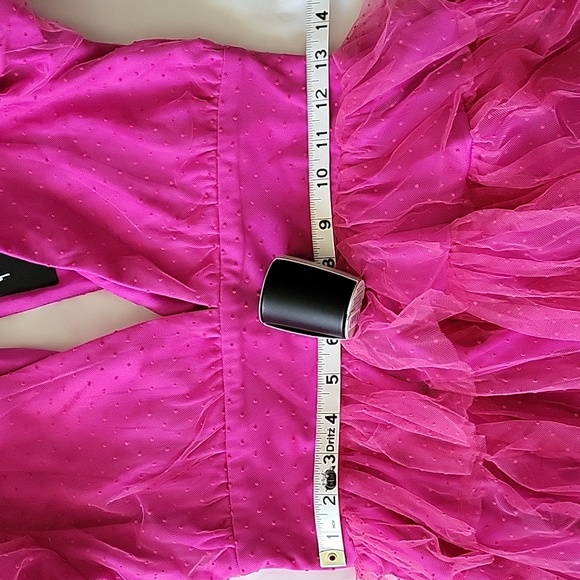 Lulus Women's Dramatic Poise Hot Pink Dot Tulle Puff Sleeve Tiered Mini … - Picture 11 of 15